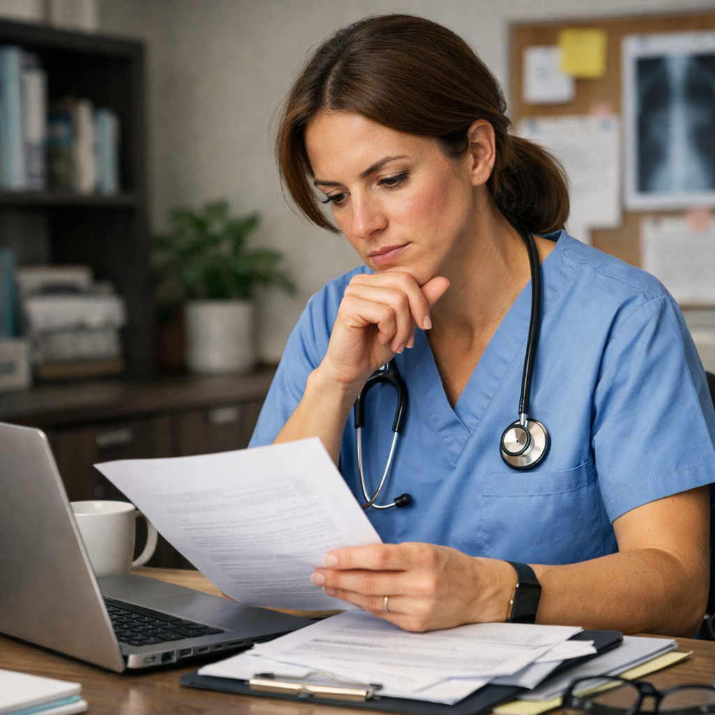 Healthcare professional reviewing financial documents at desk